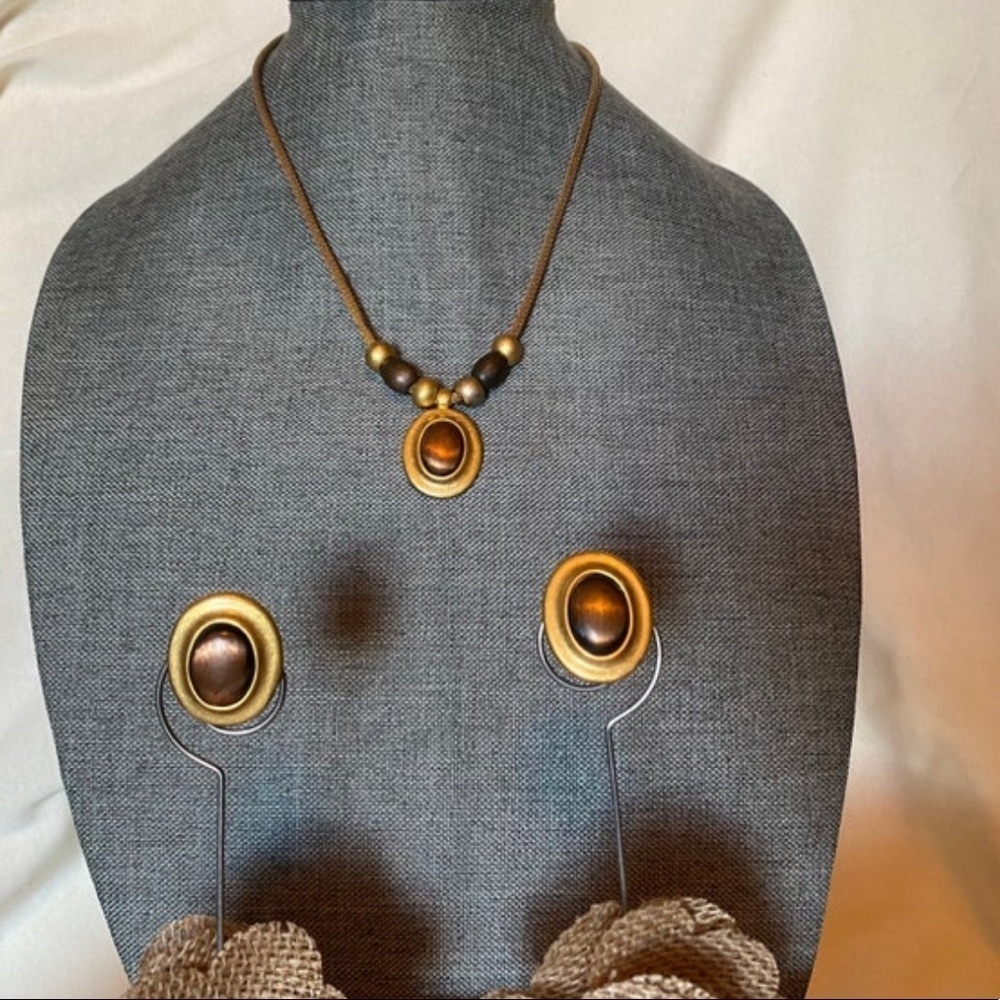 Vintage 80s Jewelry Set | Gold-tone & Copper Pendant + Earrings|Boho| Streetwear